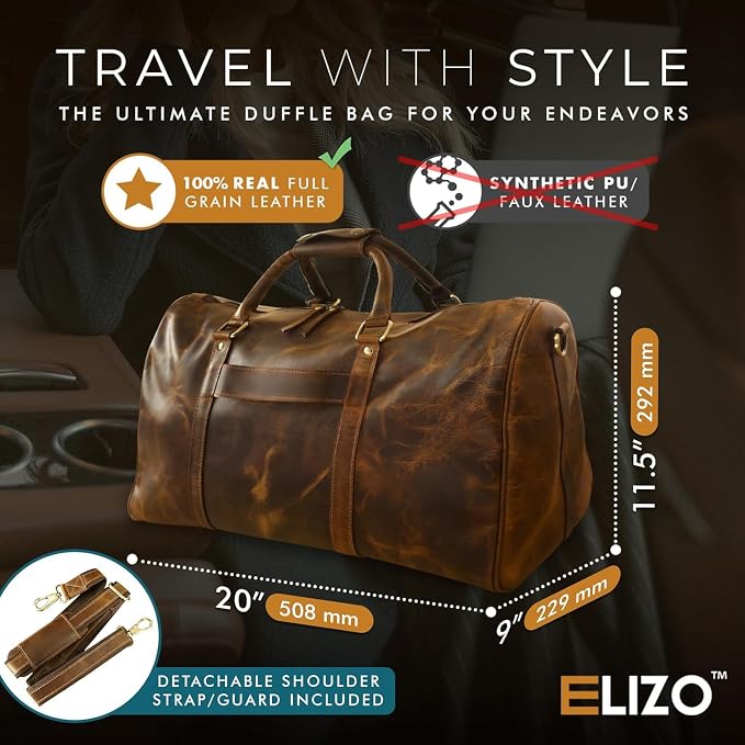 ELIZO Leather Duffle Bag For Men Women REAL FULL GRAIN Travel Overnight - Image 2