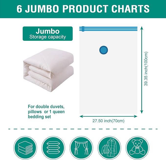 6 Jumbo Vacuum Storage Bags, Space Saver Bags Compression Storage Bags - Image 5