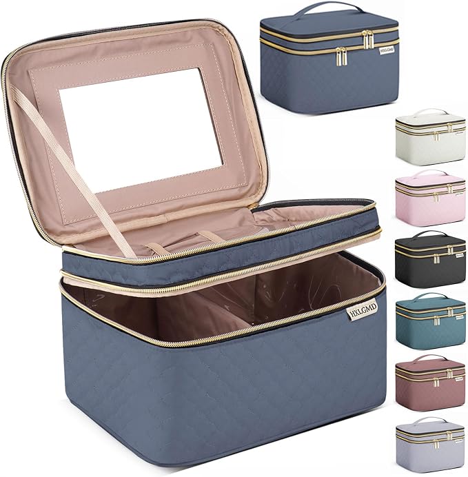 Large Makeup Bag with Mirror Double Layer Travel Make Up Organizer Case by HXLGMD
