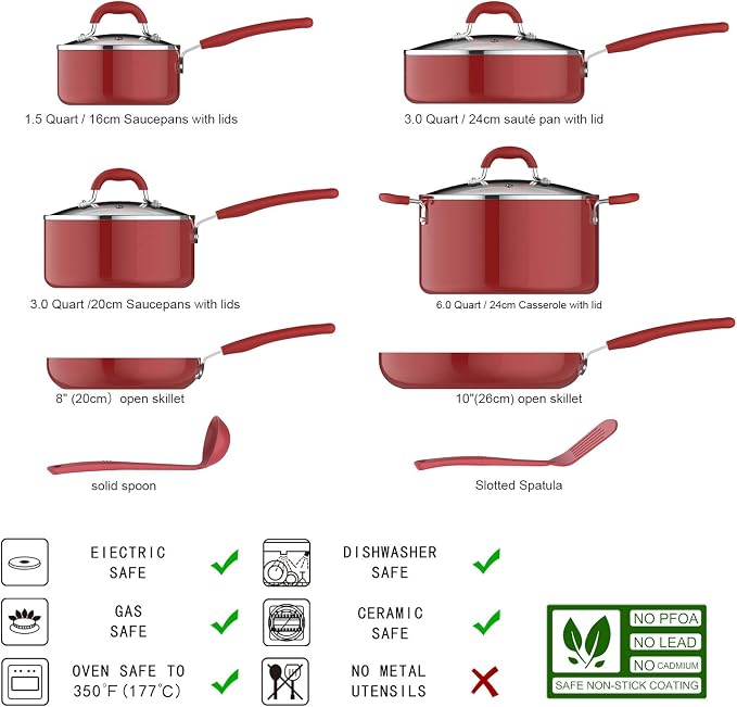 Amazon Basics Aluminum NS 12pc Red cookware set, 12 piece - Image 2