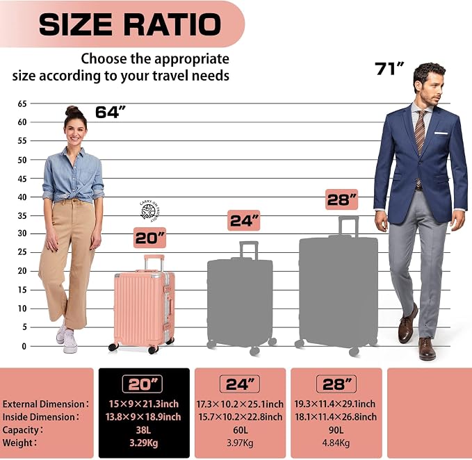 AnyZip Carry On Luggage Aluminium Frame Suitcase PC ABS Hard Shell TSA Lock No - Image 7