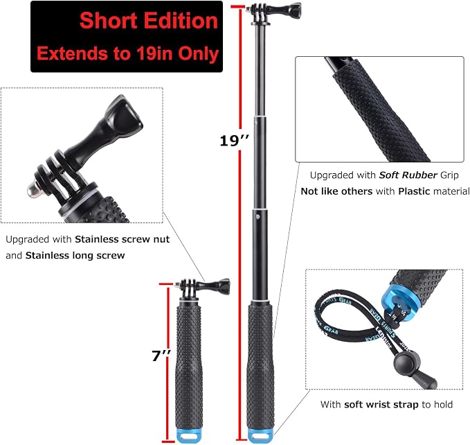 19” Short Extension Selfie Stick Compact Handle Grip Adjustable Waterproof - Image 2