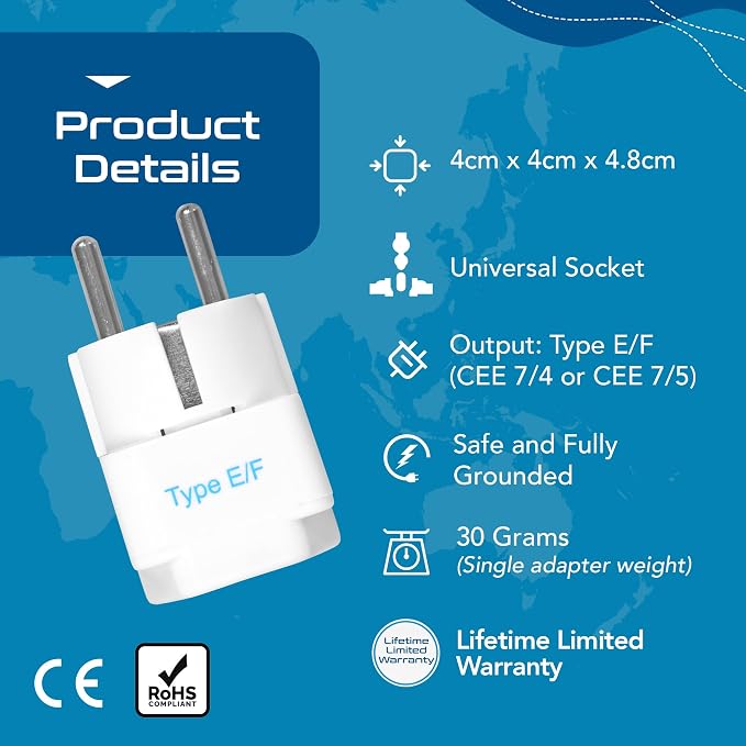 Ceptics Schuko, Germany France Travel Power Adapter, Grounded European Plug - Image 5