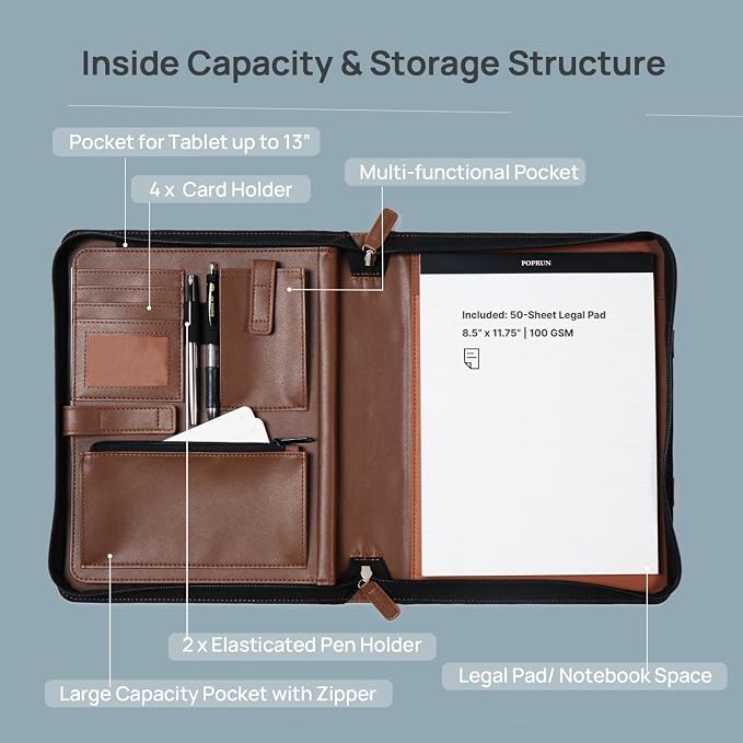 POPRUN Portfolio Binder with Zipper, Leather Padfolio Document Organizer with - Image 2