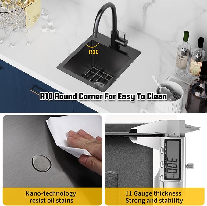 Small Black Kitchen Sink, 13x15 Inch Stainless Steel Drop In Topmount Kitchen - Image 4