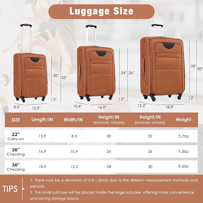 Merax Softside Luggage Set Softshell Lightweight 3 Piece Spinner Suitcase 22" - Image 2