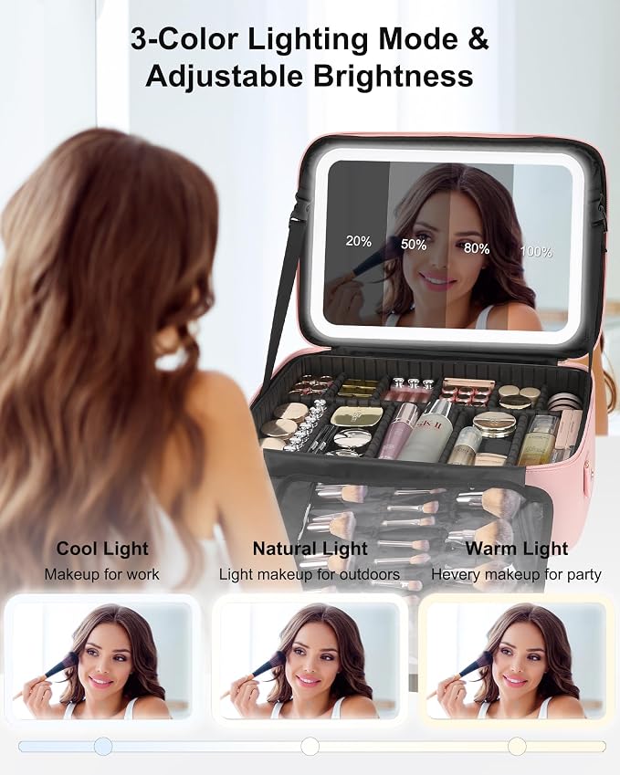 Relavel Makeup Bag with LED Mirror, 16.2 inches Large Professional Makeup Case - Image 4