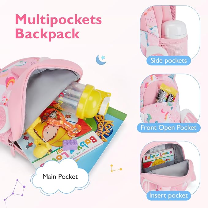 mommore Toddler Backpack for Girls 2-4 Neoprene Unicorn Backpack - Image 3