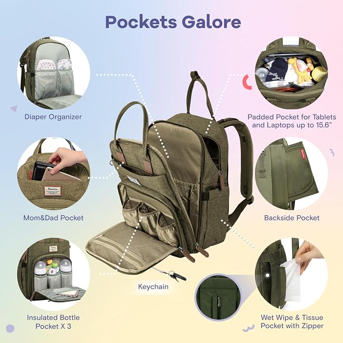 RUVALINO Diaper Bag Backpack, Large Capacity, Waterproof, Olive Green - Image 3