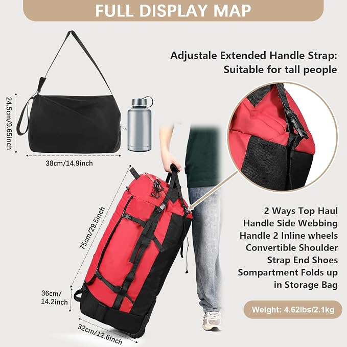 Rolling Duffle Bag with Wheels, 86L 30”Folding Duffle Backpack with 2 Wheels - Image 5