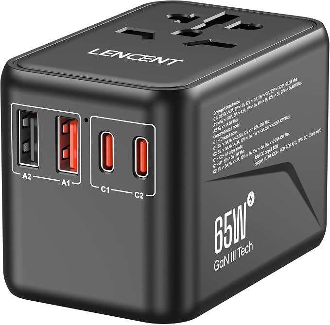 LENCENT Universal Travel Adapter, GaN3 65W International Charger by LENCENT