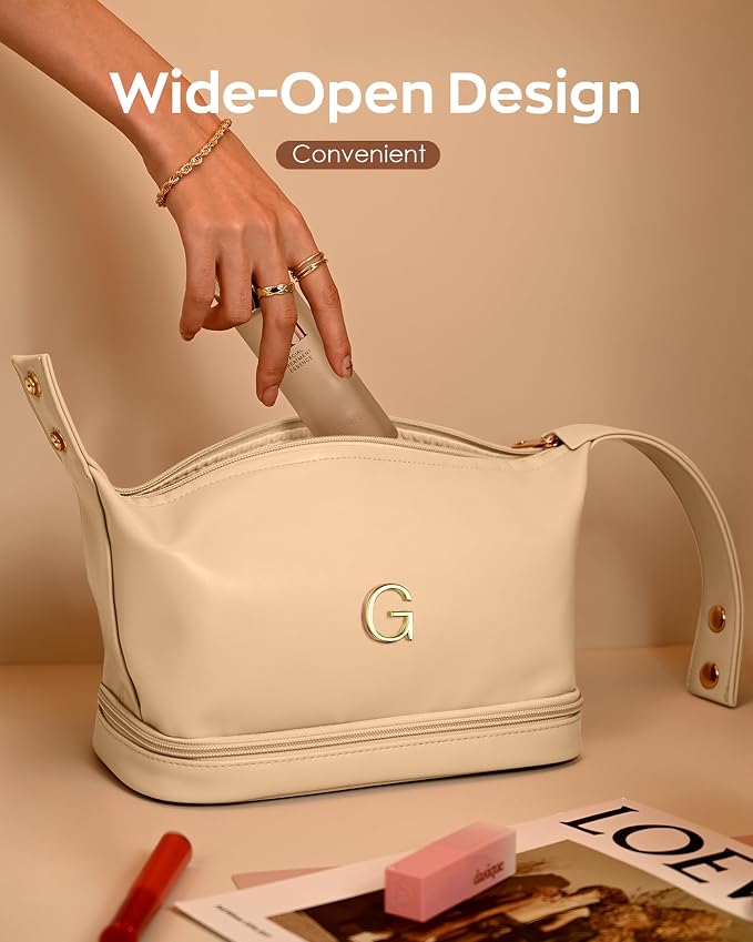 Personalized Makeup Bag with Handle, Initial Double Layer Cosmetic Bag with - Image 4