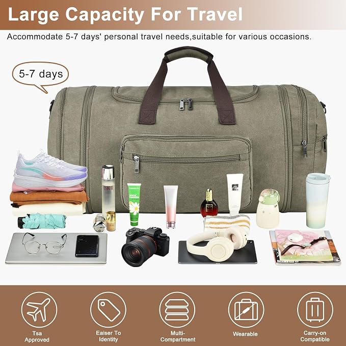 Felipe Varela 60L Duffle Bag for Men, Large Expandable Canvas Duffel Bag for - Image 4