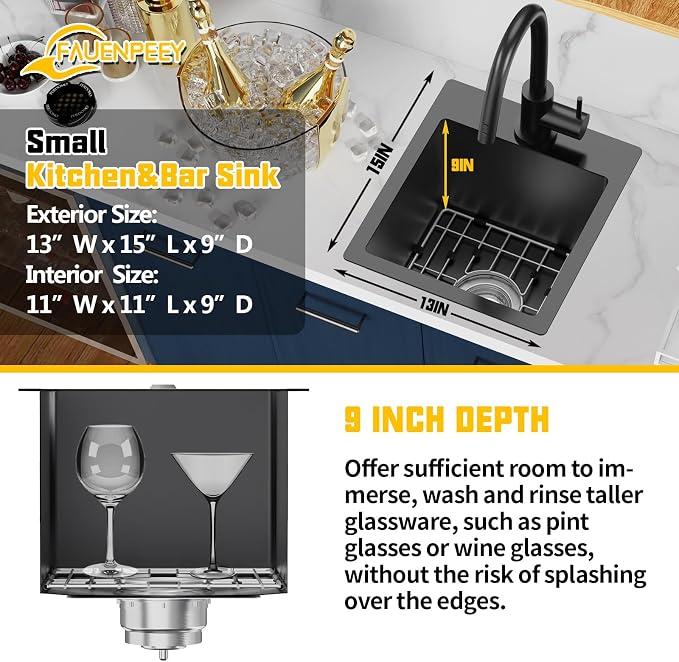 Small Black Kitchen Sink, 13x15 Inch Stainless Steel Drop In Topmount Kitchen - Image 3