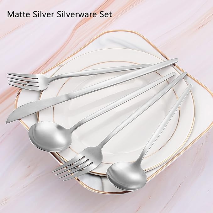 Matte Silverware Set, VANVRO 60-Piece Stainless Steel Flatware Set, Satin - Image 3