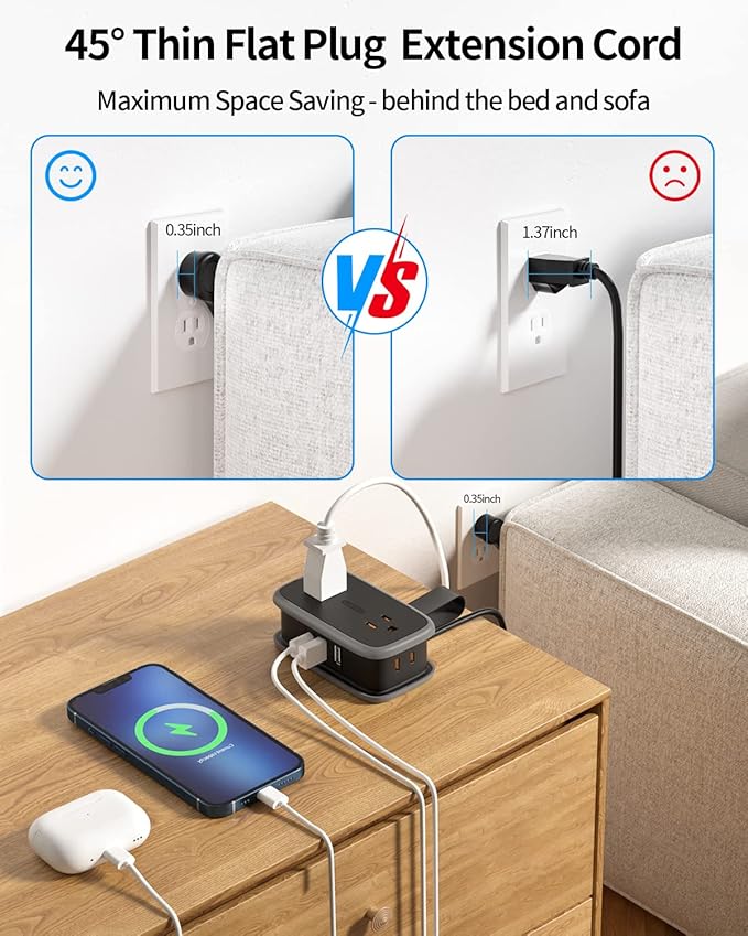 2 Pack Travel Power Strip with USB C Port, NTONPOWER Flat Plug Extension Cord - Image 7