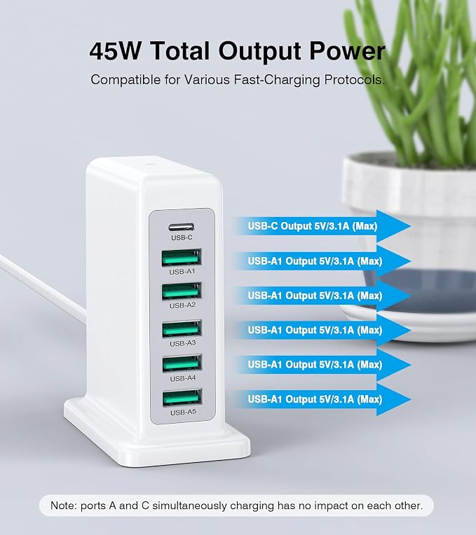 Charging Station for Multiple Devices, 45W 6 Port USB Charger Charging Block - Image 3