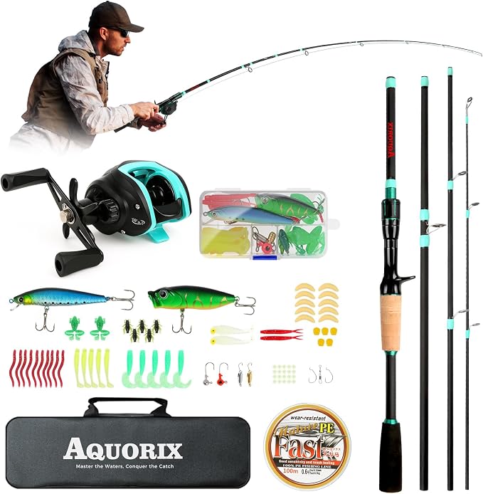 Fishing Pole Combo Set – Spinning & Baitcasting Travel Lure Rod Kit, Medium by Aquorix