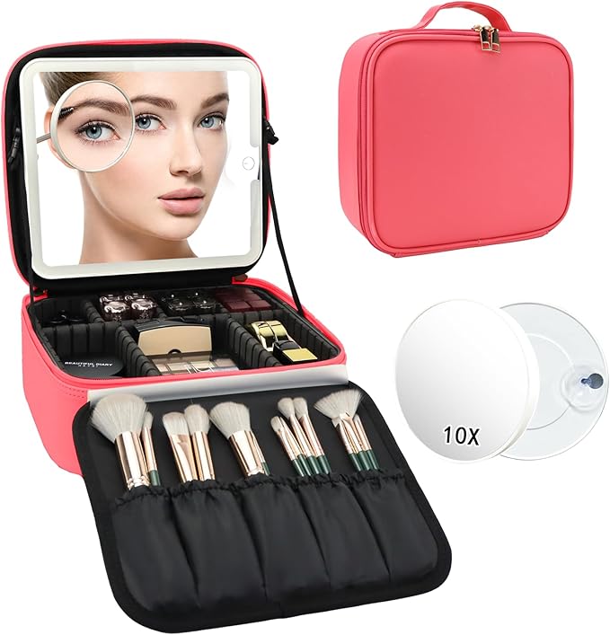 Travel Makeup Bag with LED Mirror and 10x magnifying glass with 3 Lighted - Image 9