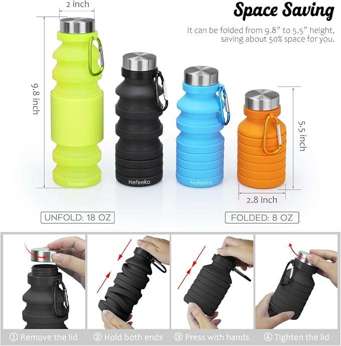 Nefeeko Collapsible Water Bottle, Reuseable BPA Free Silicone Foldable Water - Image 2