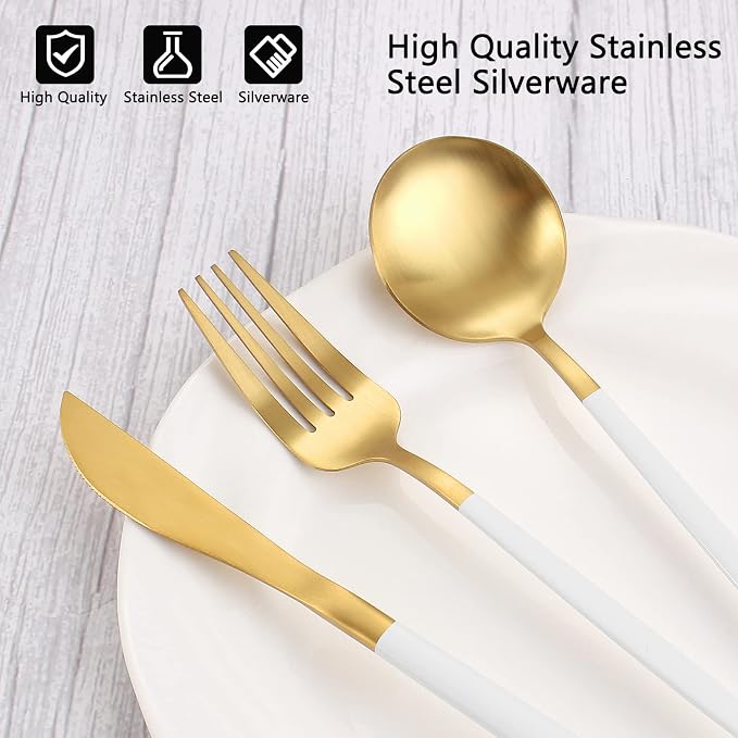 Matte White Gold Silverware Set, 40-Piece Stainless Steel Flatware Set - Image 4