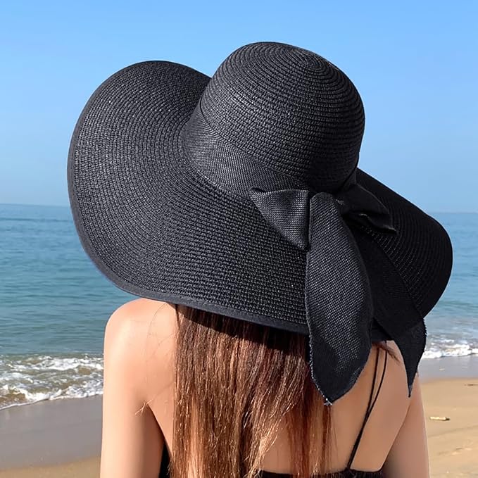 DRESHOW Beach Hats for Women Big Straw Wide Brim Summer Hat Floppy Foldable - Image 2