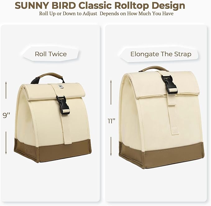 SUNNY BIRD Insulated Lunch Bag Rolltop Lunch Box Medium Lunch Cooler Tote - Image 5
