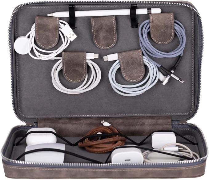 Medicine Handmade Leather Cable Organizer Bag – Full-Grain Leather Travel Tech by TORONATA