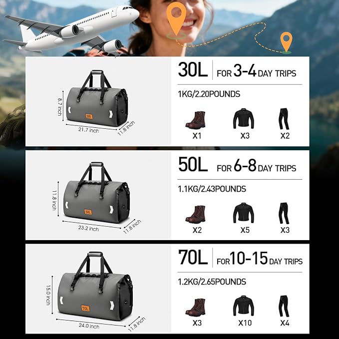 Waterproof Duffel Bag, 50L Roll-top Motorcycle Dry Bag - Image 4