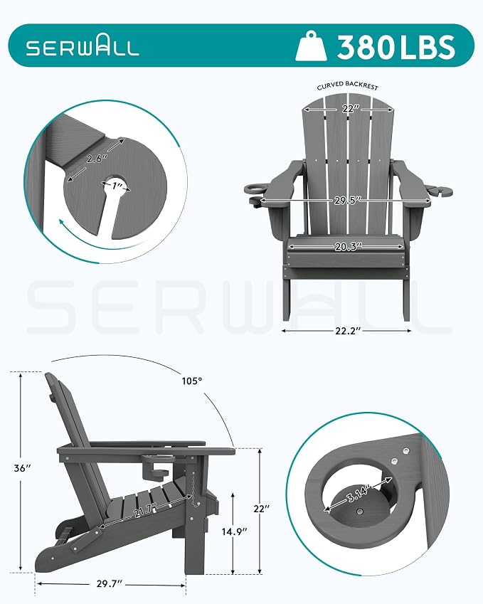 SERWALL Folding Adirondack Chair, Dual Cup Holders & All-Weather HDPE, - Image 2