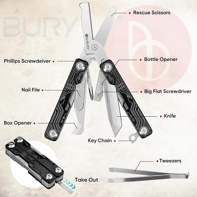 BIBURY Mini Keychain Multitool Scissors B12062B, 9 in 1 Multitool EDC Scissors - Image 2
