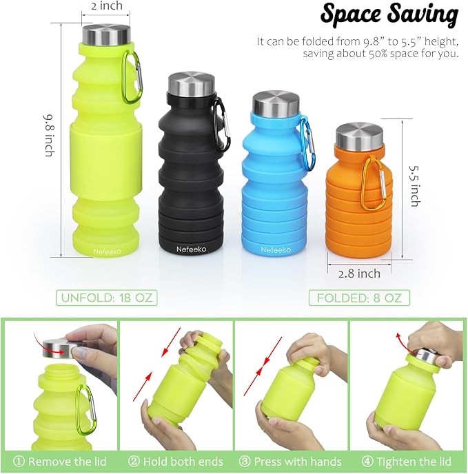 Nefeeko Collapsible Water Bottle, Reuseable BPA Free Silicone Foldable Water - Image 2