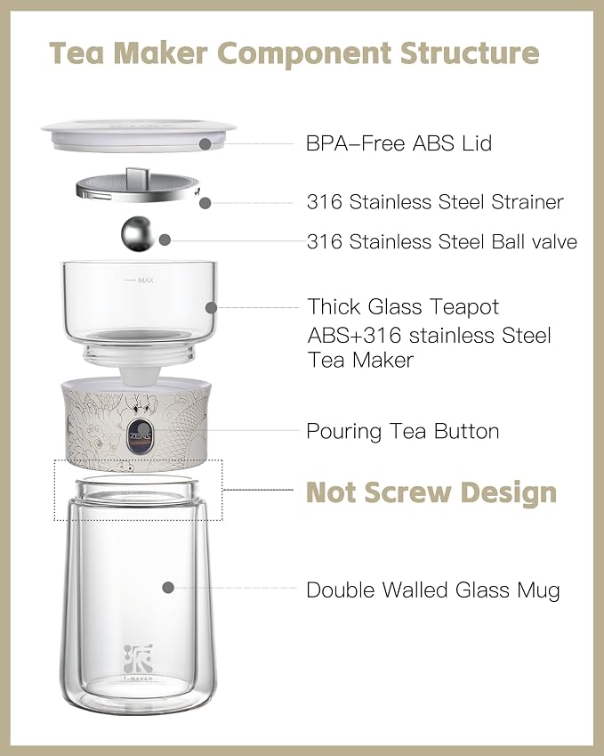 ZENS Cool Glass Teapot with Infuser, Smart One Touch Tea Maker - Image 6