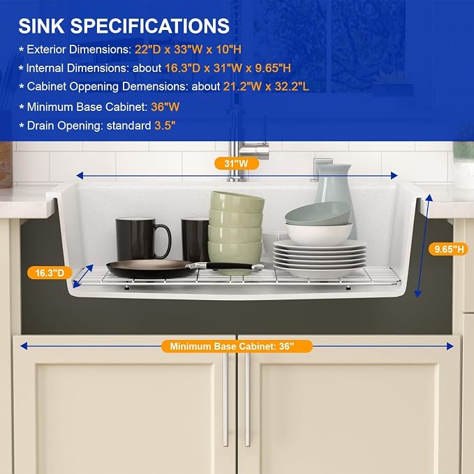Dcolora White Granite Composite Kitchen Sink Drop In, 33x22 Large Single Bowl - Image 6