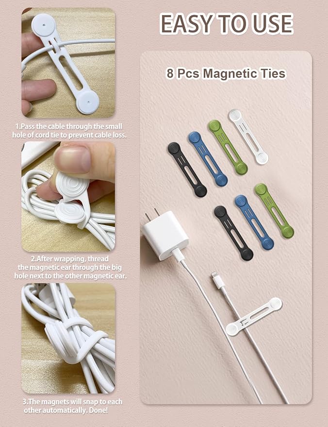 Kanemc 8-Pack Magnetic Cable Ties, Magnet Cord Wraps Reusable Silicone Cable - Image 4