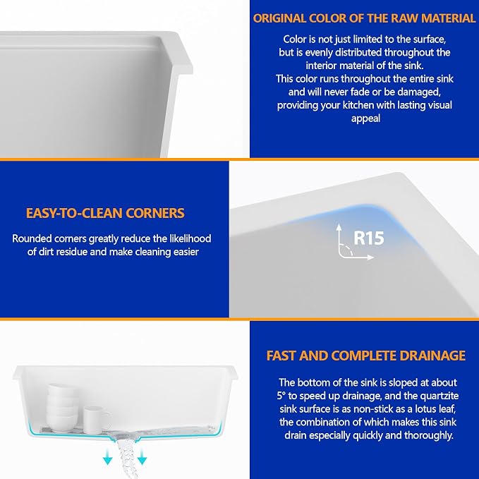 Dcolora 33" Quartz Granite Composite White Kitchen Sink Undermount Sink Deep - Image 4
