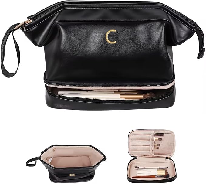 Gifts for Friends Female Mom, Initial Makeup Bag, Personalized Double Layer by Vogewood