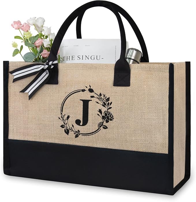 TOPDesign Personalized Initial Jute/Canvas Beach Bag, Monogrammed Gift Tote Bag by TOPDesign