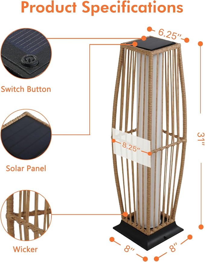 Grand patio 2-Piece Outdoor Floor Lamp Solar Powered Lantern Waterproof Wicker - Image 5