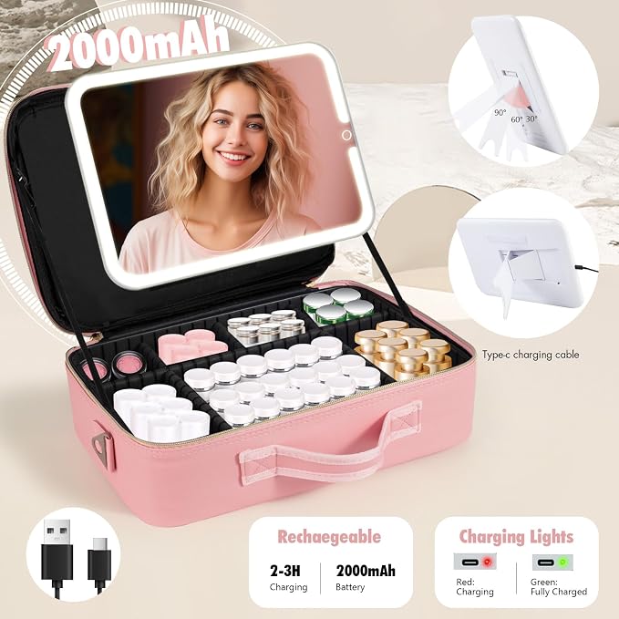 Large Travel Makeup Bag with LED Mirror, 3-Color Stepless Dimming Stand Mirror - Image 5
