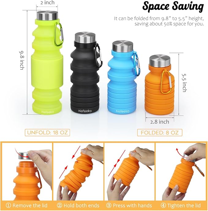 Nefeeko Collapsible Water Bottle, Reuseable BPA Free Silicone Foldable Water - Image 2