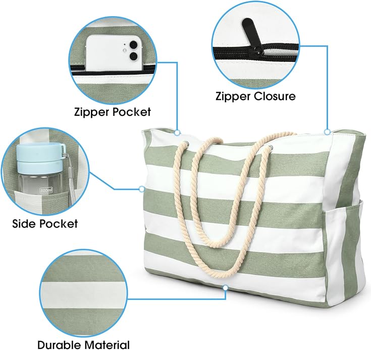 Becokan Beach Bags for Women Large Waterproof Beach Tote Bag Zipper Beach Bags - Image 2