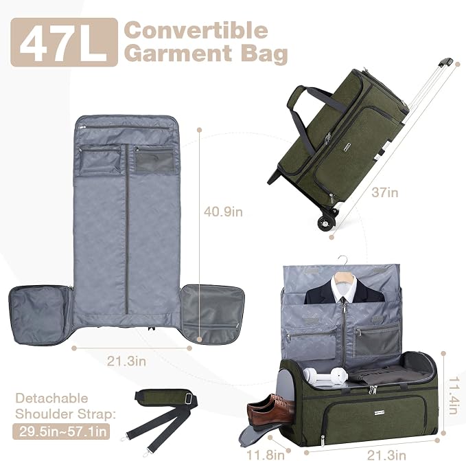 Garment Bags with Wheels, Garment Convertible Weekender Bags, Large Garment Bags - Image 2