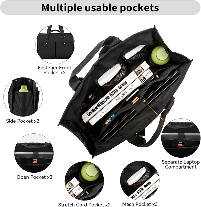 Closeable Tote Bag with 12 Pockets, Thick Bottom Support & Adjustable Strap - Image 5