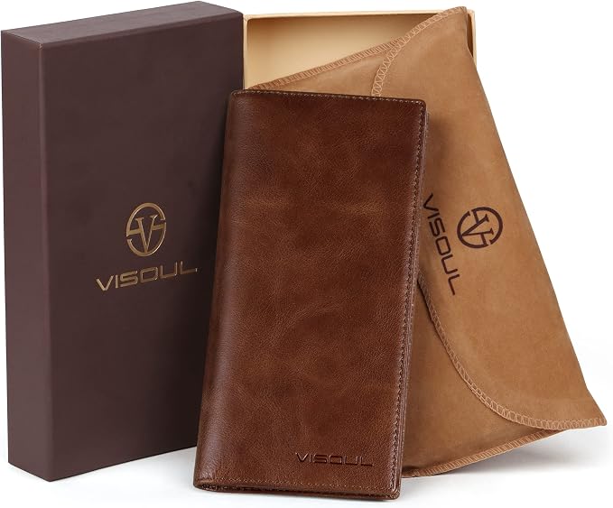 VISOUL Mens Checkbook Leather Wallets Long Bifold Wallets - Image 7