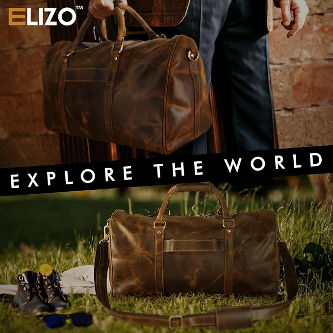ELIZO Leather Duffle Bag For Men Women REAL FULL GRAIN Travel Overnight - Image 4