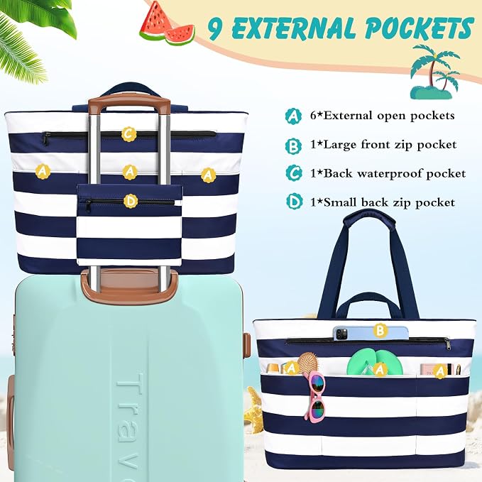 Extra Large Beach Bags for Women, Waterproof Sandproof Beach Tote Bag Zipper - Image 6