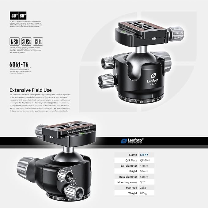 Leofoto Professional Camera Tripod, 4 Leg Sections, 360° Ball Head, Max Load - Image 2