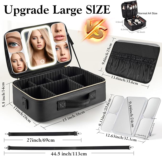 Extra Large Makeup Bag with LED 1X5X10X20X30X Magnifying Mirror and Travel - Image 5