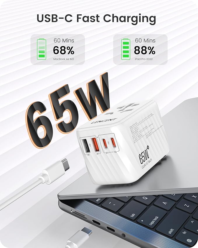 LENCENT Universal Travel Adapter, 65W GaN International Fast Charger - Image 2